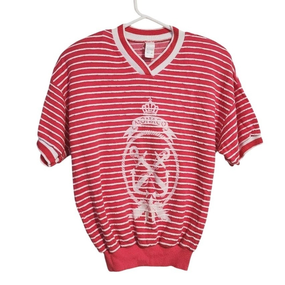 VINTAGE 80's Nautical Monaco Anchor stripe tee shirt red white size M